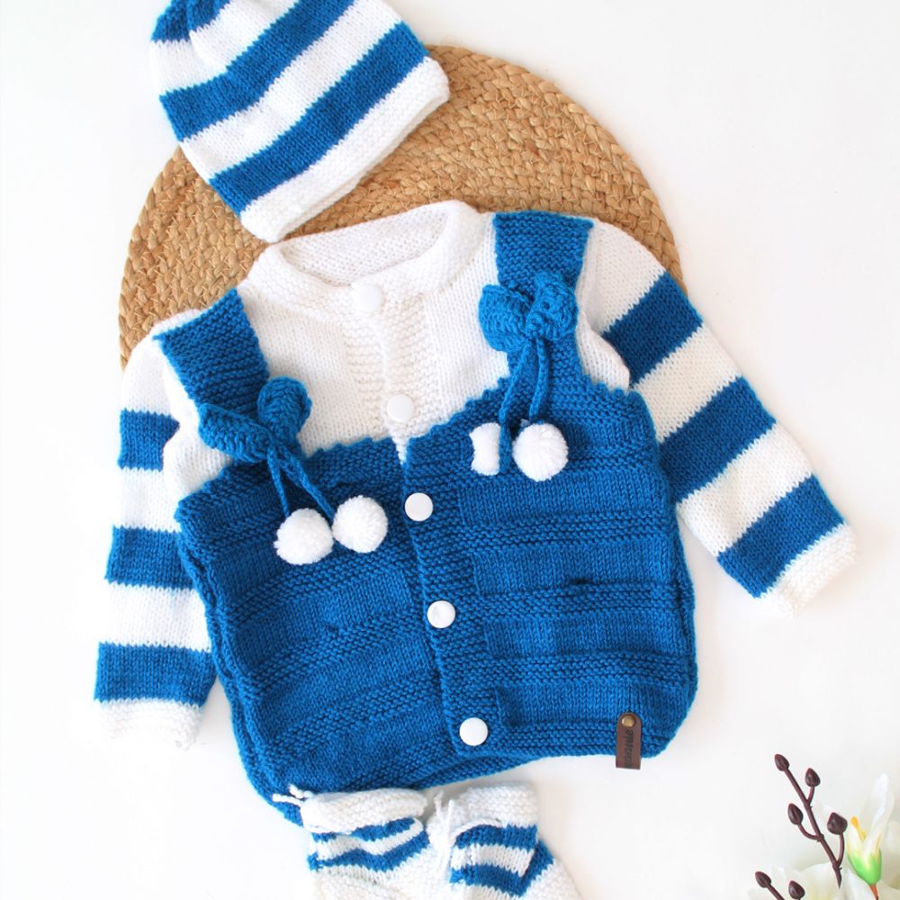 White and Blue Colored With White Pom-Pom Hand Knit Sweater Set